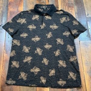 Express Men’s Black Polo Shirt XL Tan Floral Print Short Sleeve